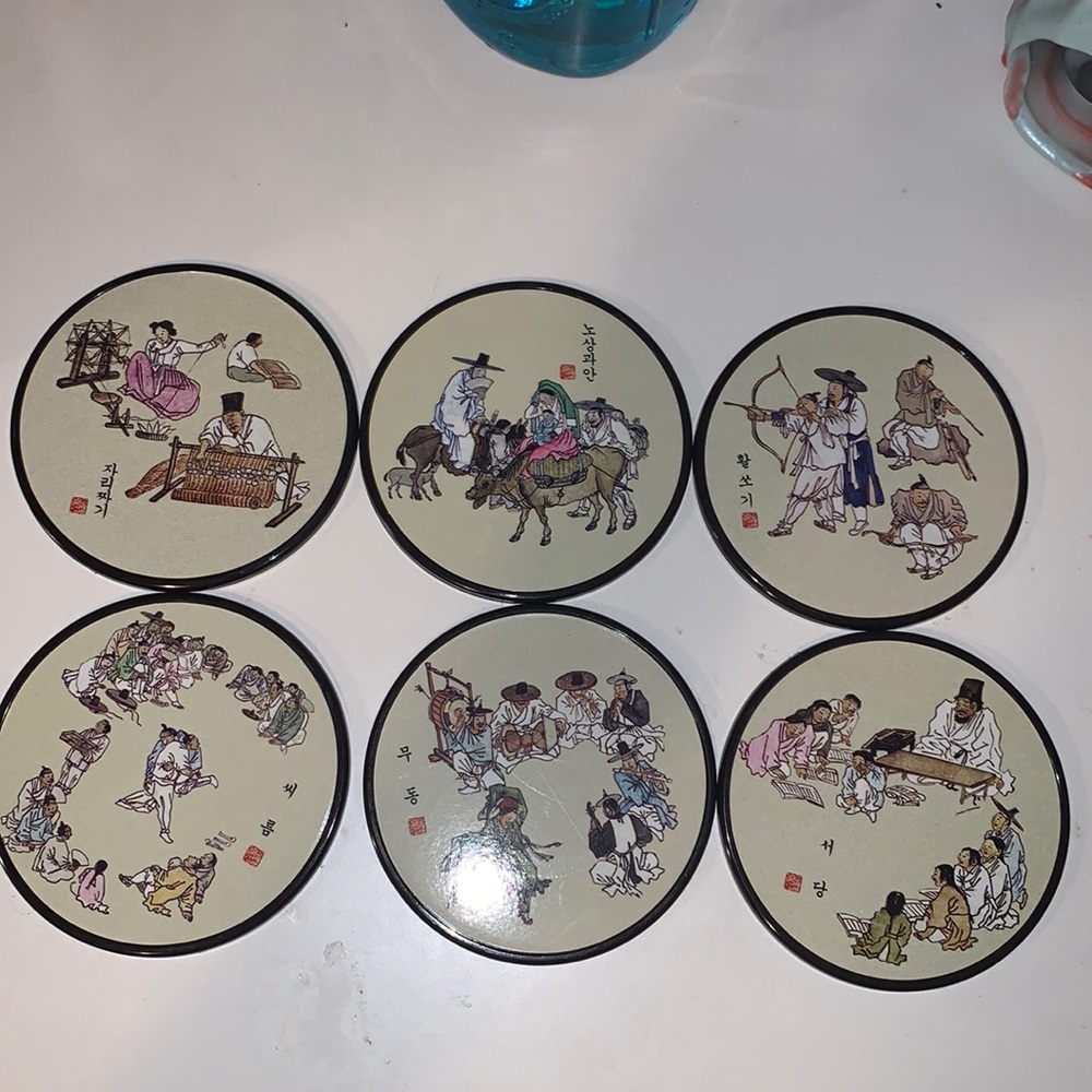 New Korean Genre Picture Coasters. Set of 6.size 4”
